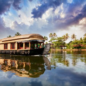 Kerala houseboat exterior cruising in Alleppey backwaters during a private day tour